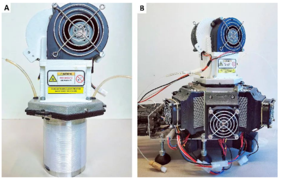 圖2. Signify光化學反應器。A) 毛細管微反應器；B) 帶有LED光源模塊的反應器。