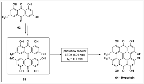 圖式19 利用LED光源合成金絲桃素:62-大黃素、63-光金絲桃素、64-金絲桃素。 圖式19 利用LED光源合成金絲桃素:62-大黃素、63-光金絲桃素、64-金絲桃素。