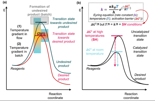 圖（a） 流動中的熱分布與批次中的熱分布。（b） SH條件下的活化與催化條件下活化的比較。